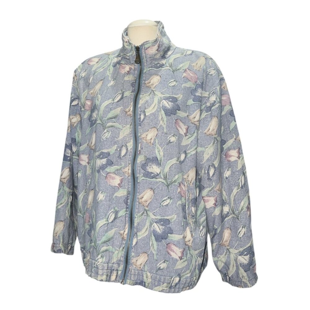 Vital Zone Vintage Silk Floral Casual Jacket Sz Large Retro Zip Front Lightweigh